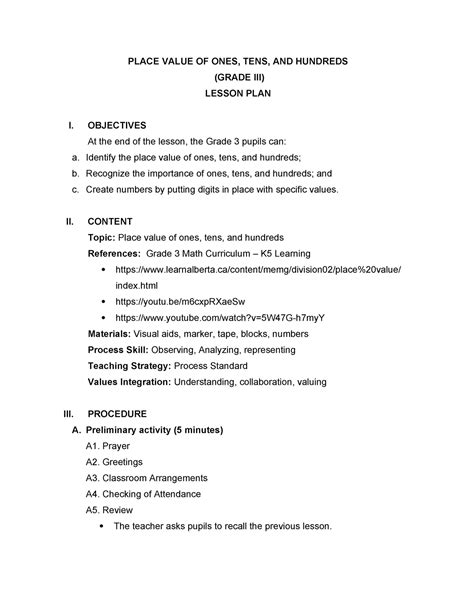 4a’s Semi Detailed Lesson Plan In Math Iii Place Value Of Ones Tens And Hundreds Grade Iii