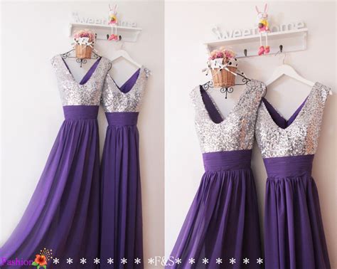 Purple Sequin Prom Dresssexy V Neck Bridesmaid Dresssparkly Etsy