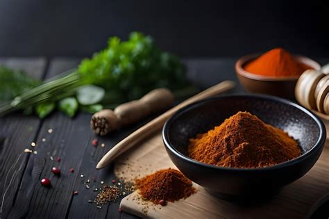 Premium Ai Image A Bowl Of Turmeric Powder Sits On A Wooden Table