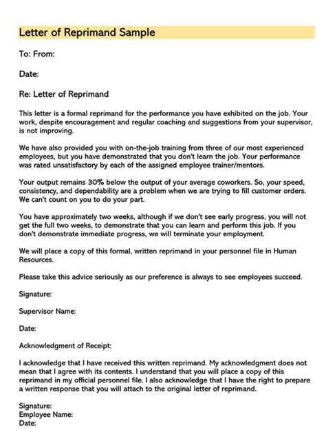 Letter Of Reprimand For Employee Performance Examples