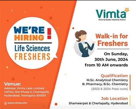 Vimta Labs Limited Walk In For Life Sciences FRESHERS On Sunday 30th