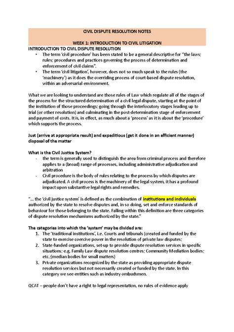 Civil Dispute Resolution Notes Civil Dispute Resolution Notes Week 1