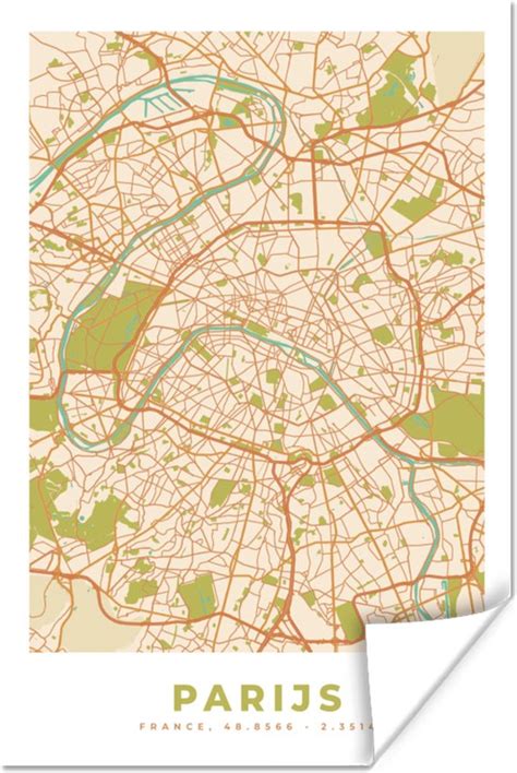 Poster Kaart Parijs Stadskaart Vintage Plattegrond 20x30 Cm