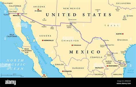 Mexico-United States border political map. International border between the countries Mexico and ...