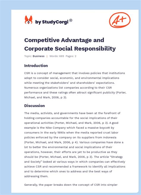 Competitive Advantage And Corporate Social Responsibility Free Essay