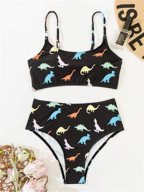 Shein Swim Mod Random Dinosaur Print Bikini Set Wireless Bra Top High