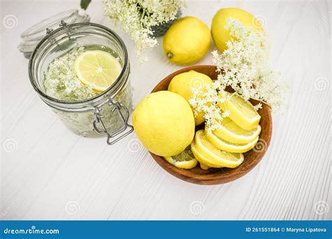 Ingredients For Homemade Lemonade From Fresh Syrup From Elderberry