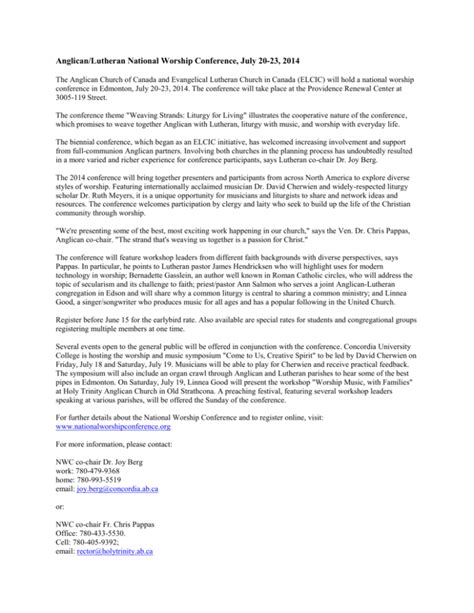 2014NWCPressRelease - The Anglican Diocese of Edmonton