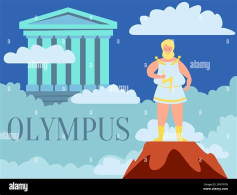 Zeus Holding Lightning Bolt On Mountain Cartoon Illustration Stock