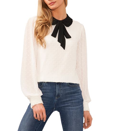 Cece Peter Pan Collar Bow Tie Neck Long Sleeve Woven Clip Dot Blouse