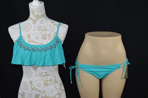 Hobie Women Large Ruffle Beaded Teal Blue Bikini New Swimwear Bathing