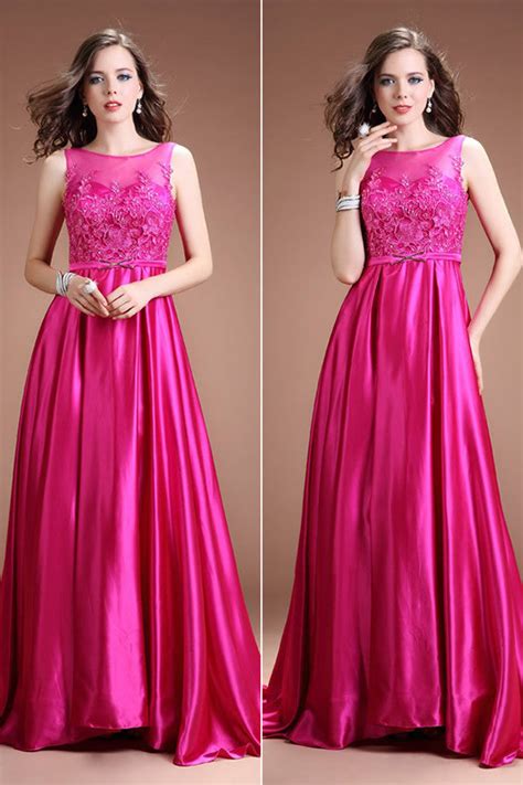 Fuchsia Long Satin Lace Beaded Cap Sleeves Prom Dresses Ed0839 Okdresses