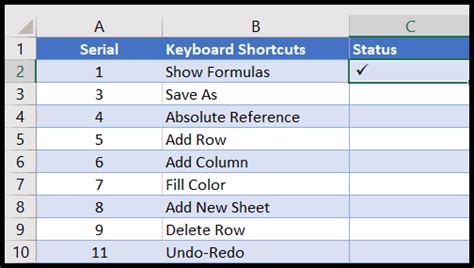 Check Mark | Keyboard Shortcut | Microsoft Excel