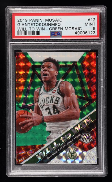 Giannis Antetokounmpo 2019 20 Panini Mosaic Will To Win Mosaic Green 12 Psa 9 Pristine Auction