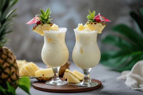 Fresh Pina Colada Cocktails Adorned With Pineapple Slices Premium Ai