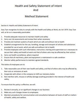 Sample Health And Safety Method Statement 9 IN PDF MS Word