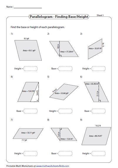 Area Of Parallelograms Worksheets