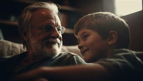 Smiling Grandfather Embracing Grandson Enjoying Leisure Activity