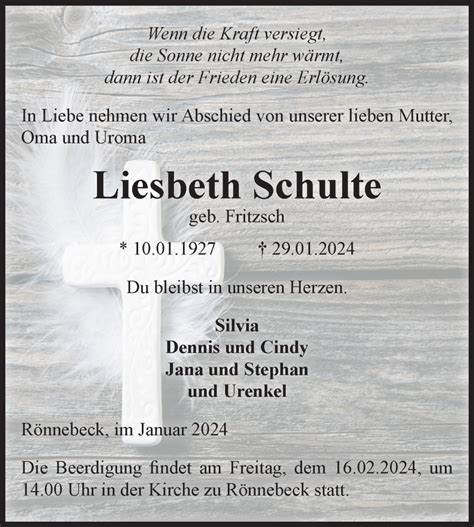 Traueranzeigen Von Liesbeth Schulte Abschied Nehmen De