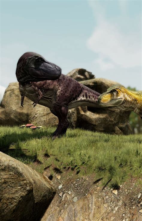 Two Dinosaurs Are Fighting In The Grass Near Some Rocks And Boulders