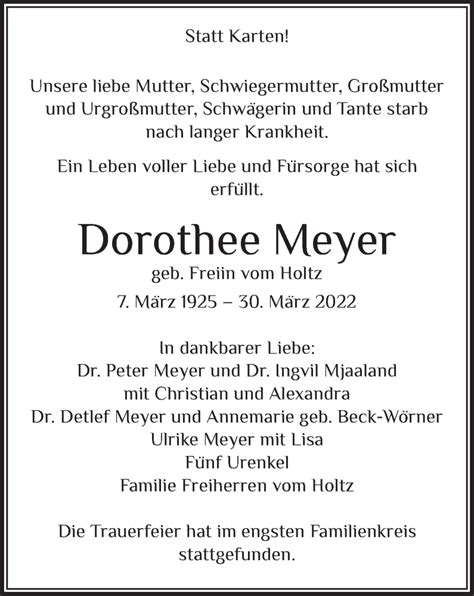 Traueranzeigen Von Dorothee Meyer OstalbTrauer