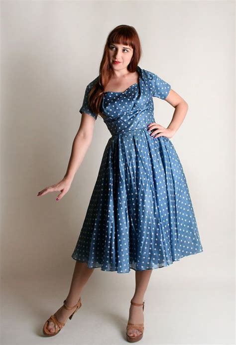 Vintage S Dress Sky Blue Polka Dot Silk Party Dress Etsy Free