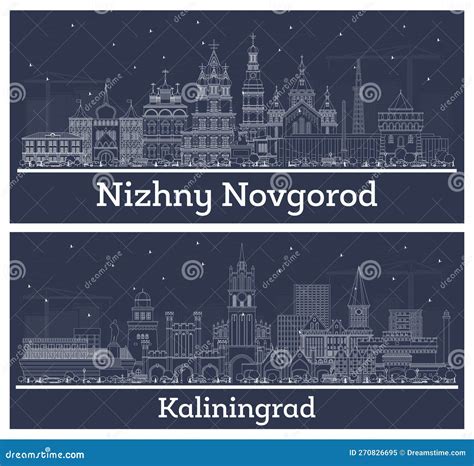 Outline Kaliningrad And Nizhny Novgorod Russia City Skyline Set With