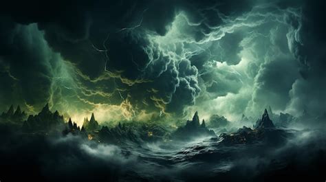 Premium AI Image | Green Lightning Bolts Amidst Dark Storm Clouds