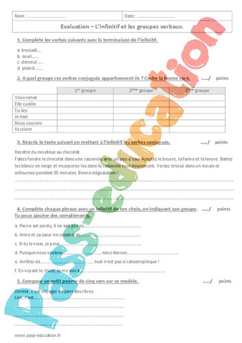 Evaluation Infinitif 6ème Cycle 3 Bilan et controle corrigé