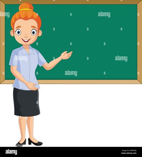 Cartoon Female Teacher Standing Next To A Blackboard Stock Vector Image