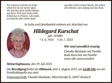 Traueranzeigen Von Hildegard Kurschat Trauer Wlz Online De