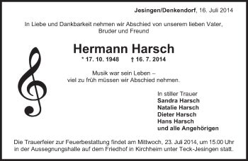 Traueranzeigen Von Hermann Harsch Zeit Des Gedenkens De