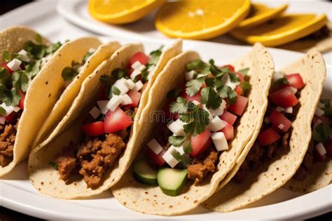 Traditional Mexican Tacos With Beef Tomato Onion And Salsa Mexican