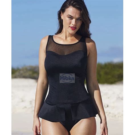 Plus Size Peplum Bathing Suit Black Mesh One Piece Swimwear Ruffled One