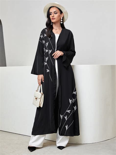 SHEIN Najma Floral Embroidery Open Front Abaya