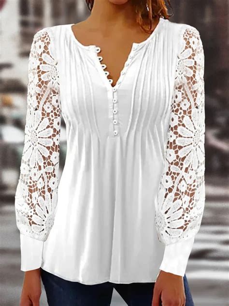 Women Long Sleeve V Neck Floral Lace Top