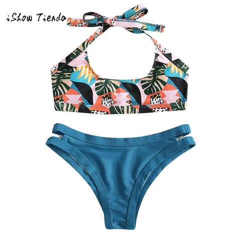 2019 Sexy Swimwear Women Digital Double Sided Print Hanging Neck