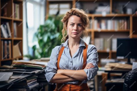 Premium Ai Image A Woman Standing In Front Of A Desk With Her Arms