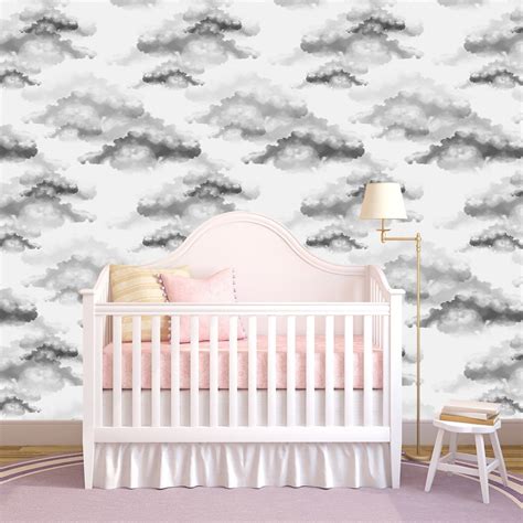 Cloud Nursery Wallpaper Temporary Watercolor Gray Sky Wall Etsy