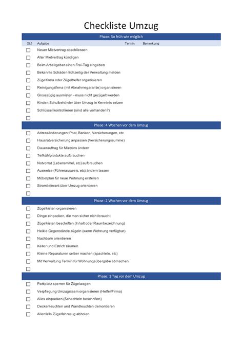 Kostenlose Checkliste F R Den Umzug Excel Pdf