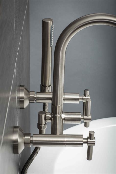 Contemporary Wall Mount Tub Filler Faucet In Brushed Nickel With Levers — Pelham And White