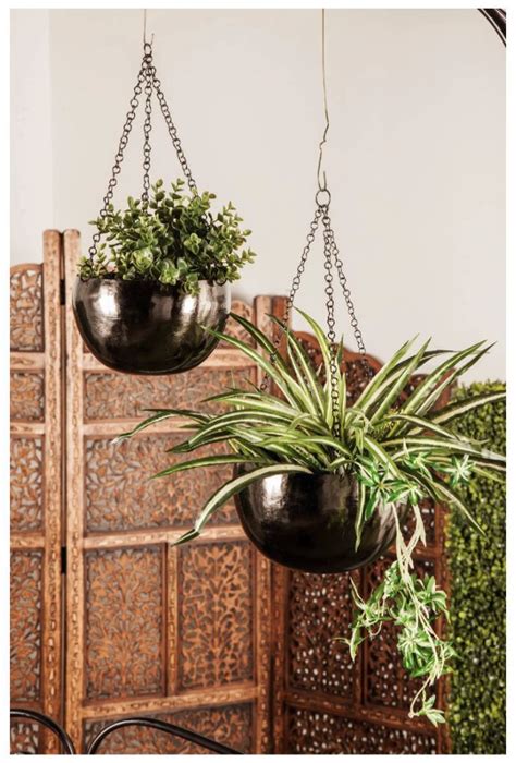 Black Modern Round Iron Hanging Planter Set Of 2 5497 Metal Hanging Planters Hanging