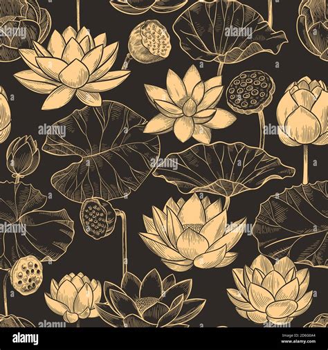 Sketch Lotus Seamless Pattern Floral Composition Water Lily Flowers And Leaves Monochrome