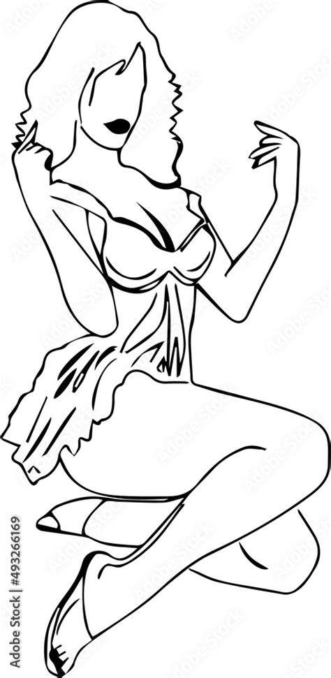 Line Art Illustration Of Sexy Pin Up Girl Sitting In Stylish Pose Outline Sketch Drawing Of Pin