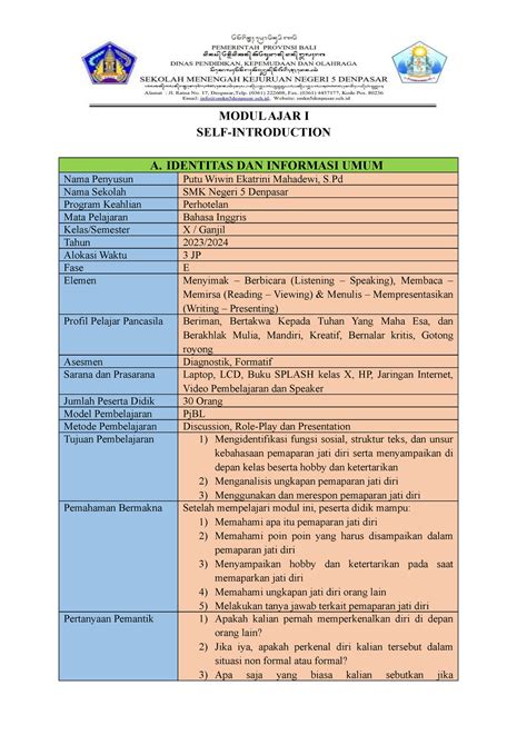 Modul Ajar E Introduction Modul Ajar I Self Introduction A