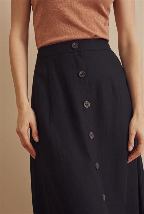 Black Button Front Linen Blend Skirt Long Tall Sally