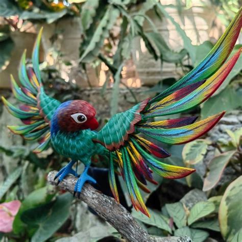 Hand Carved Wooden Alebrije Parakeet Bird Statue Authentic Mexican