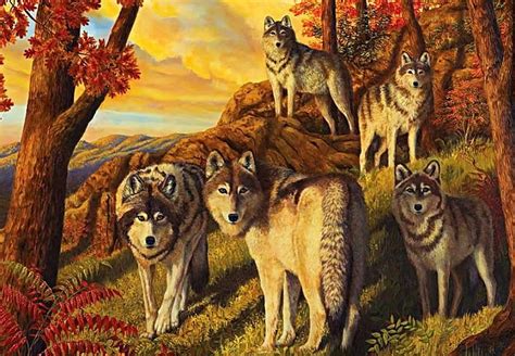 Wolfpack Autumn Trees Sky Clouds Artwork Predator Painting Wolf