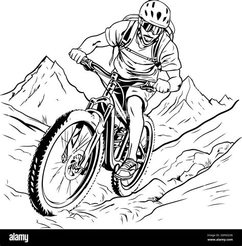 Mountain Biker Riding On A Steep Slope Sketch Vector Illustration