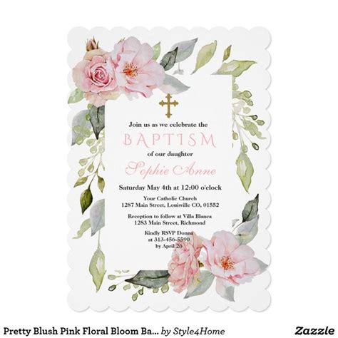 Pretty Blush Pink Floral Bloom Baptism Invitation Rehearsal Dinner